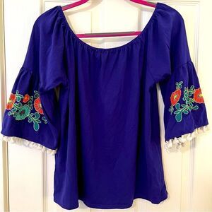 Blue Peasant Blouse with Floral Embroidery Size S